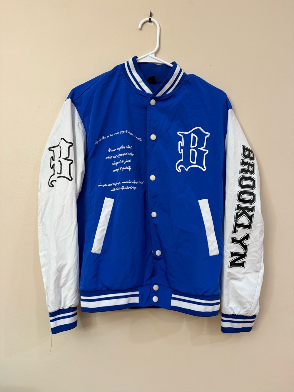 SHEIN Blue and White Brooklyn Letterman Bomber Jacket